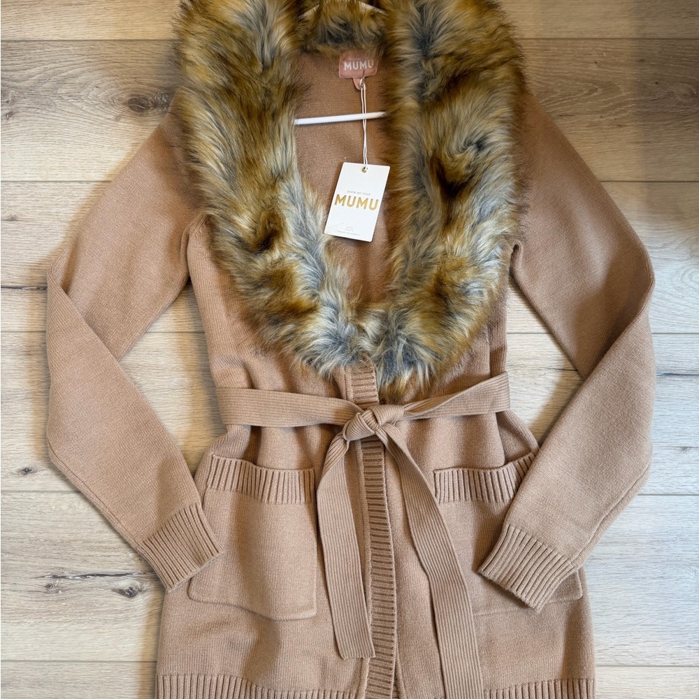 Show Mr Your MuMu Tan Cardigan with Fur Collar *NEW WITH TAGS*